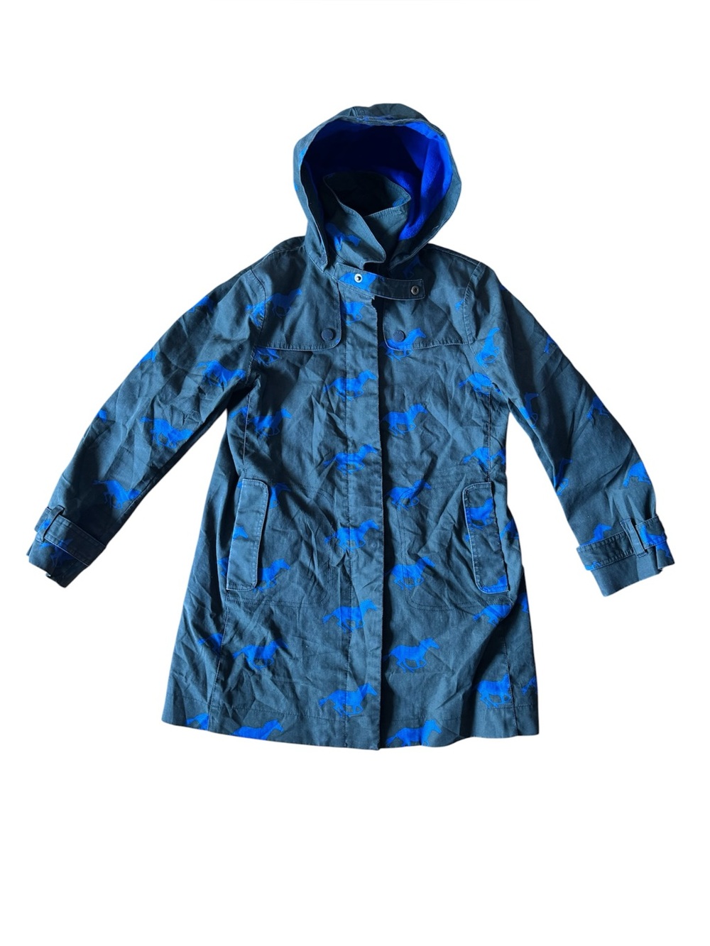 Boden Size 6 Petite Blue Green Horse Print Parka Coat Jacket Hooded Full Zip